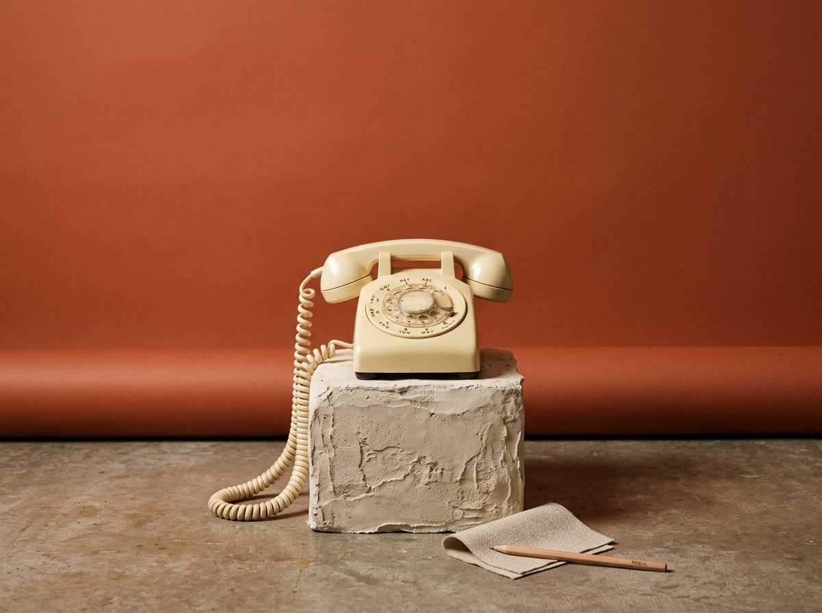 Rotary telephone on a plaster plinth against a rust wall