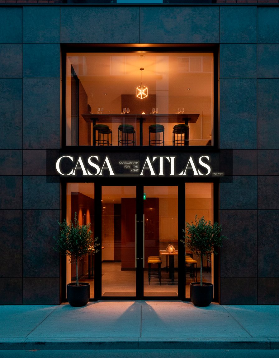 Casa Atlas facade with illuminated sign at night