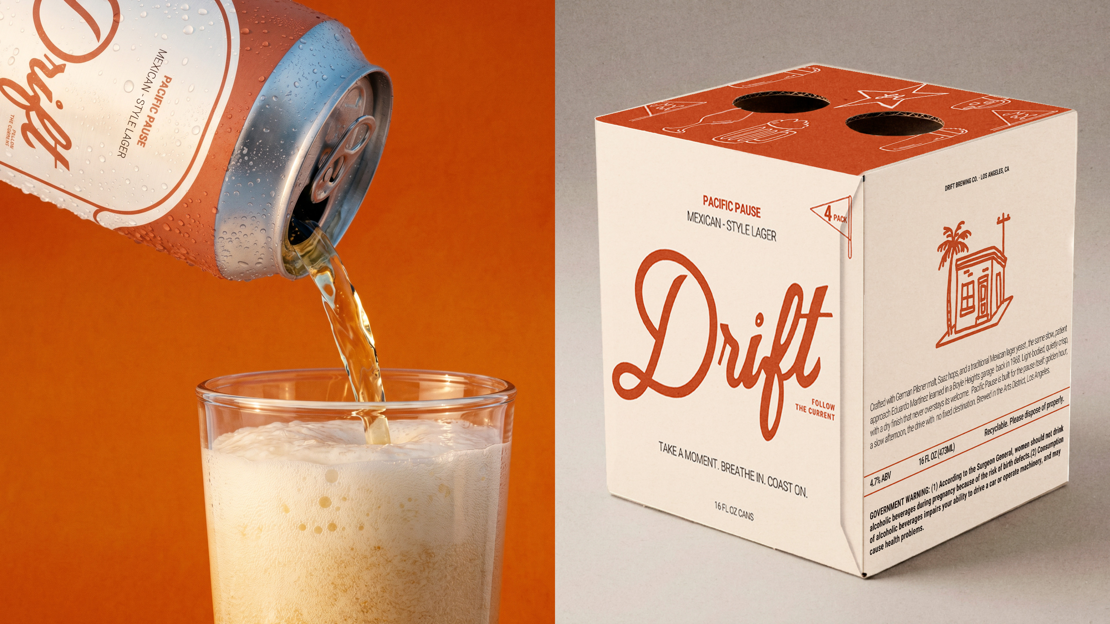 Drift beer poured into a glass and the four pack carrier