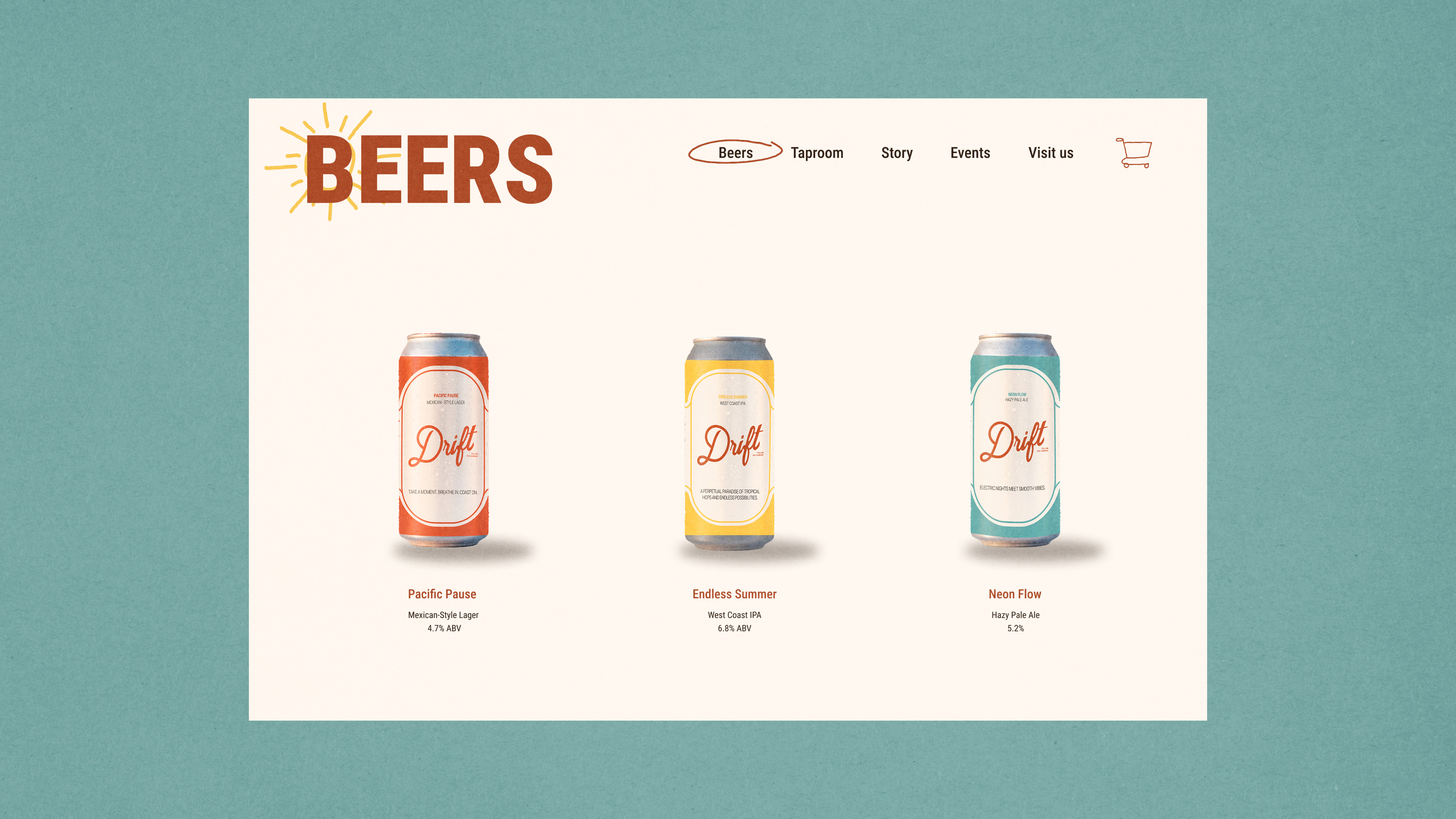 Drift website product page showing three beers