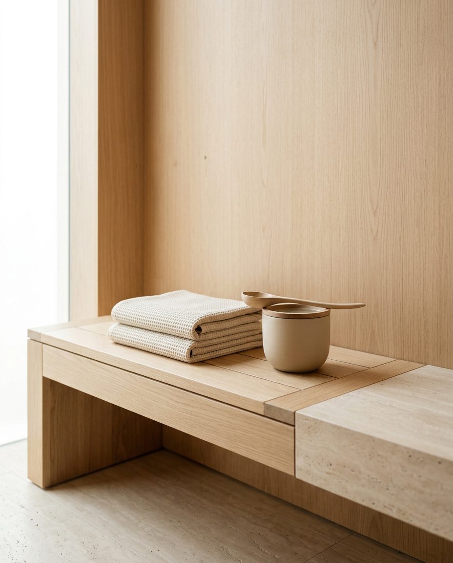 Bench and folded towels in a wellness studio