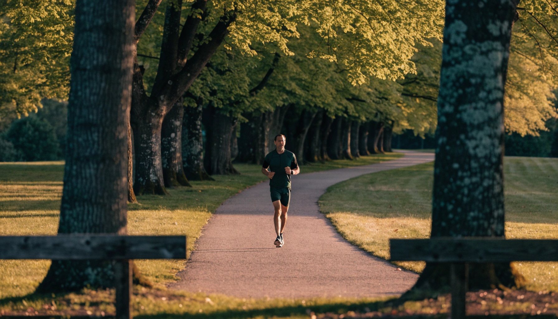 Runner on a tree lined park path in warm light